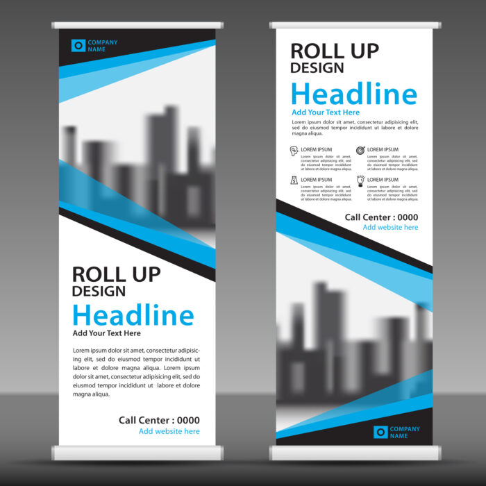 Blue roll up banner template. Business banner layout. stand out.